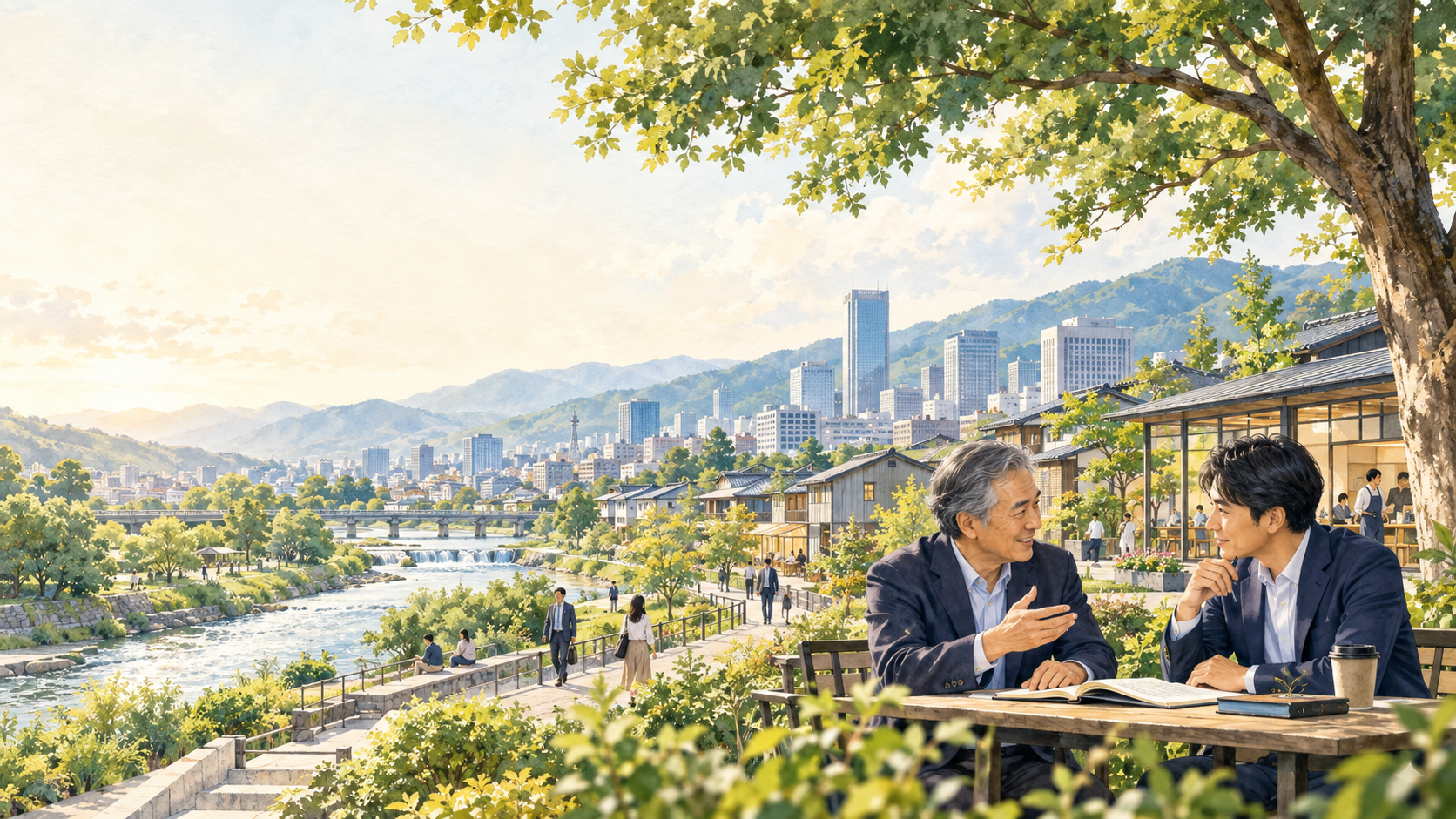 自然と都市がつながる風景の中で、二人が笑顔で対話するイラスト